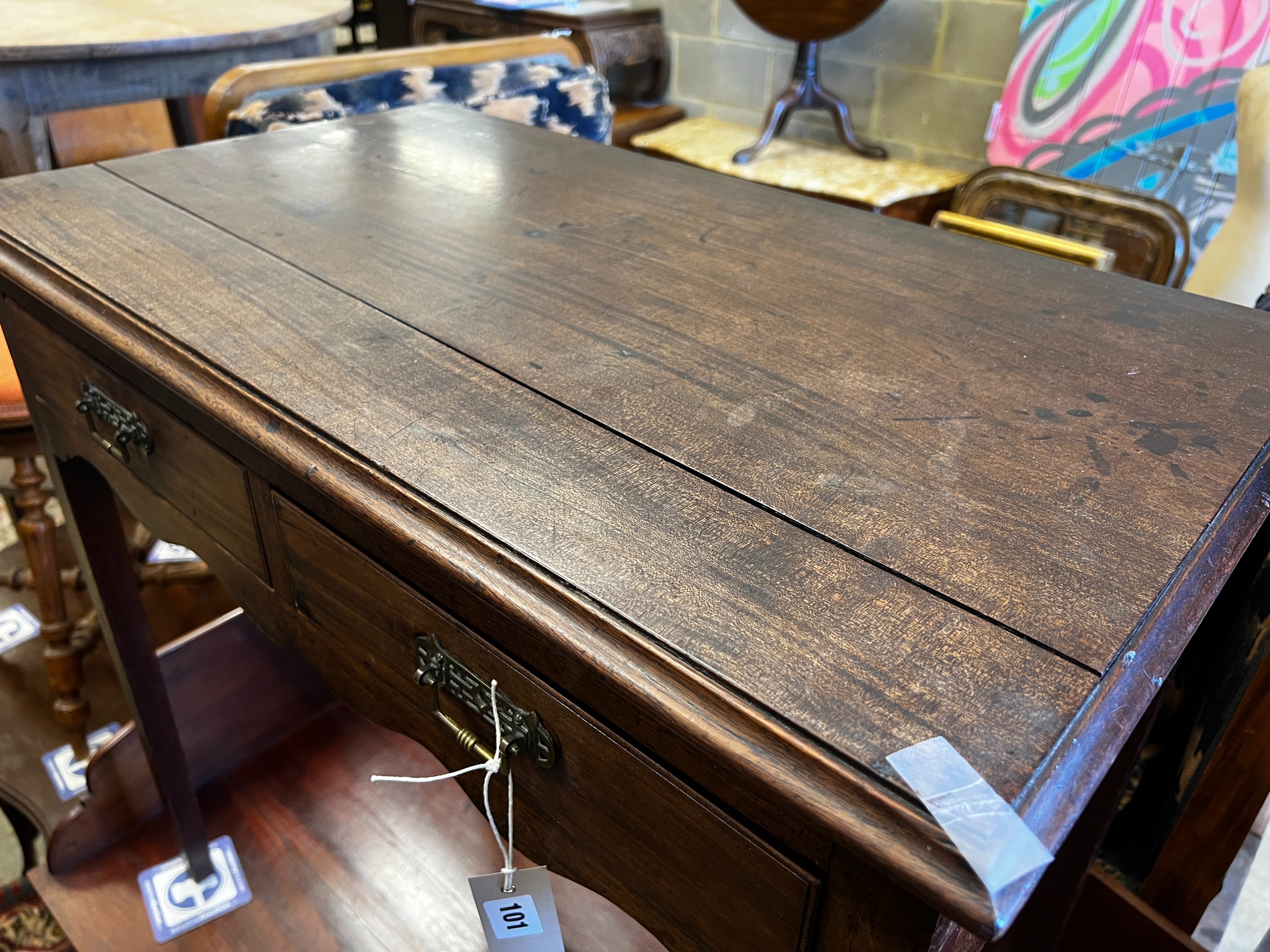 An early 19th century mahogany side table, width 76cm, depth 44cm, height 73cm together with a Victorian balloon back dining chair